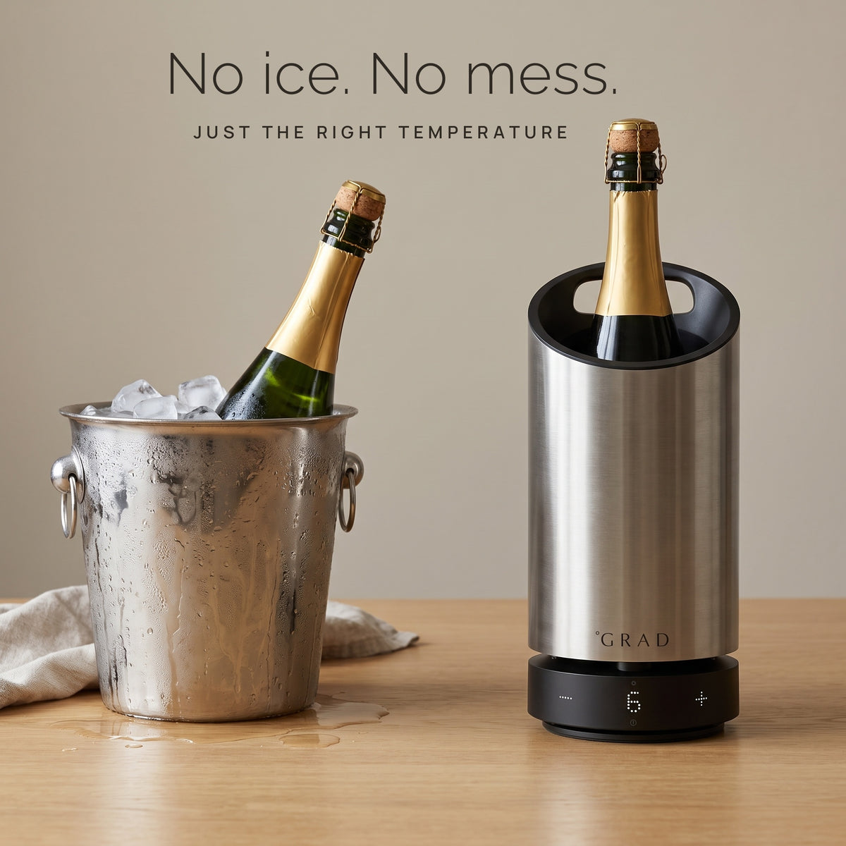 GRAD No.1 Steel Series jämförd med en traditionell ishink för att kyla vin